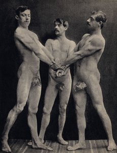 Der Schwur der Horatier, drei nackte Männer leisten den Schwur. Fotografie, späte 19. Jahrhundert, Paris. Sammlung Selva