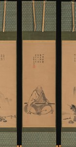 Zen-Meister mit Meditationsstab und Landschaften im chinesischen Stil, wahrscheinlich späte 1620er-1644
