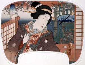 Frühling, Yoshi-cho; Eine Geisha in einem Garten, Entwurf für einen Fächer aus einem Satz von vier, die die Jahreszeiten darstellen