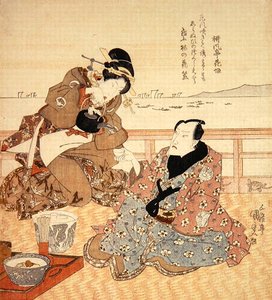 Onoe Kikugoro III beim Teetrinken in Shinagawa, ca. 1825