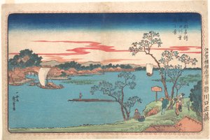 Blick auf belaubte Kirschbäume entlang des Sumida-Flusses von Utagawa Hiroshige