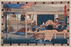 Akt IV: Gesandte des Shogun nähern sich Lady Kaoyo und Gruppe in Enyas Schloss, bringen das Todesurteil für Enya, Lady Kaoyo ist von Kirschblüten umgeben, die gesammelt wurden, um Enya während seiner Inhaftierung aufzuheitern von Utagawa Hiroshige