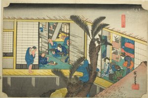 Akasaka: Kellnerinnen in einem Gasthaus, aus der Serie "Dreiundfünfzig Stationen des Tokaido"