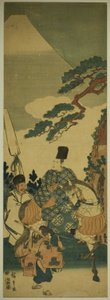 Ariwara no Narihira passiert den Berg Fuji auf seiner Reise nach Osten