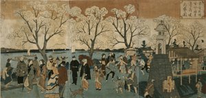 Kirschblüten in voller Blüte entlang des Sumida-Flusses. Bokusui tsutsumi hanazakari no zu