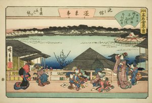 Kurtisanen betrachten Kirschblüten im Horaitei-Restaurant in Ikenohata (Ikenohata seiro hanami no yasumi, Horaitei), aus der Serie "Berühmte Restaurants von Edo (Edo komei kaitei zukushi)"