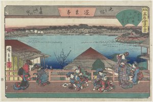 Kurtisanen betrachten Kirschblüten bei Ho_raitei in Ikenohata, ca. 1835-1842
