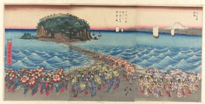 Menschenmenge besucht den Benzaiten-Schrein in Enoshima in der Provinz Sagami (Soshu Enoshima Benzaiten kaicho sankei gunshu no zu)