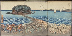 Menschenmengen besuchen den Benzaiten-Schrein in Enoshima in der Provinz Sagami anlässlich der besonderen Besichtigung von Utagawa Hiroshige