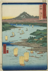 Provinz Dewa: Mogami-Fluss und ein ferner Blick auf den Berg Gassan (Dewa, Mogamigawa, Gassan enbo), aus der Serie "Berühmte Orte in den sechzig Provinzen (Rokujuyoshu meisho zue)"