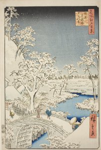 Trommelbrücke und Yuhi-Hügel in Meguro (Meguro Taikobashi Yuhi-no-oka), aus der Serie "Hundert berühmte Ansichten von Edo (Meisho Edo hyakkei)" von Utagawa Hiroshige