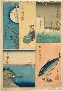 Eitai-Brücke, Nihon-Brücke, Susaki, Blumengarten und Dokan-Hügel (Eitaibashi, Nihonbashi, Susaki, Hanayashiki, Dokanyama), aus der Serie "Ausschnitte berühmter Orte in Edo (Harimaze Koto meisho)" von Utagawa Hiroshige