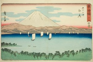 Ejiri—Nr. 19, aus der Serie "Dreiundfünfzig Stationen des Tokaido (Tokaido gojusan tsugi)," auch bekannt als der Reisho Tokaido von Utagawa Hiroshige