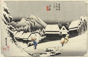Abendlicher Schnee in Kambara, Nr. 16 aus Die 53 Stationen des Tokaido, verlegt von Hoeido, 1833