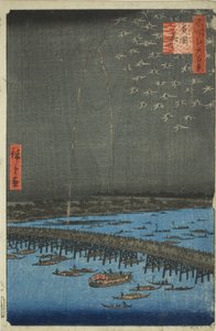 Feuerwerk in Ryogoku (Ryogoku hanabi), aus der Serie "Hundert berühmte Ansichten von Edo (Meisho Edo hyakkei)"