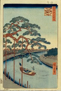 Fünf Kiefern und der Onagi-Kanal, Hundert berühmte Ansichten von Edo, 1856-1858