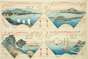 Vier Ansichten aus der Serie Acht Ansichten von Omi (Omi Hakkei) von Utagawa Hiroshige