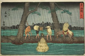 Fujieda—Nr. 23, aus der Serie "Dreiundfünfzig Stationen des Tokaido (Tokaido gojusan tsugi)", auch bekannt als der Reisho Tokaido