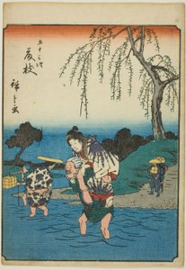 Fujieda, aus der Serie "Dreiundfünfzig Stationen [des Tokaido] (Gojusan tsugi)," auch bekannt als die Figuren-Tokaido (Jinbutsu Tokaido)