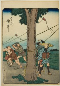 Fukuroi, aus der Serie "Dreiundfünfzig Stationen [des Tokaido] (Gojusan tsugi)", auch bekannt als der Figuren-Tokaido (Jinbutsu Tokaido)