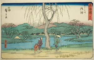 Goyu: Motono-Ebene entlang der alten Straße (Kokaido Motonogahara)—Nr. 36, aus der Serie "Dreiundfünfzig Stationen des Tokaido (Tokaido gojusan tsugi)," auch bekannt als Reisho Tokaido von Utagawa Hiroshige