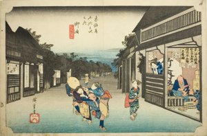 Goyu: Frauen stoppen Reisende (Goyu tabibito tomeru onna), aus der Serie "Dreiundfünfzig Stationen des Tokaido (Tokaido gojusan tsugi no uchi)", auch bekannt als der Hoeido Tokaido von Utagawa Hiroshige