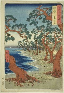 Provinz Harima: Maiko-Strand (Harima, Maiko no hama), aus der Serie "Berühmte Orte in den sechzig Provinzen (Rokujuyoshu meisho zue)" von Utagawa Hiroshige