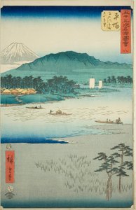 Hiratsuka: Fähre auf dem Banyu-Fluss und Fernsicht auf den Berg Oyama, Nr. 8 aus der Serie "Berühmte Ansichten der dreiundfünfzig Stationen"