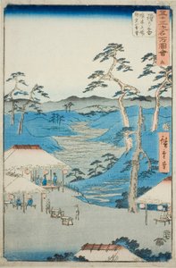 Hodogaya: Fernblick auf die Kamakura-Berge vom Rastplatz nahe dem Grenzbaum (Hodogaya, Kyoboku tateba Kamakura yama enbo), Nr. 5 aus der Serie "Berühmte Ansichten der 53 Stationen (Gojusan tsugi meisho zue)"
