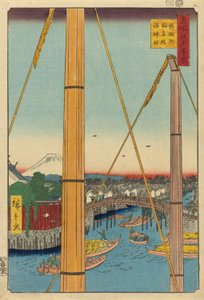 Inari-Brücke und Minato-Schrein, Teppozu (Teppozu Inaribashi Minato Jinja), aus der Serie "Hundert berühmte Ansichten von Edo (Meisho Edo hyakkei)"