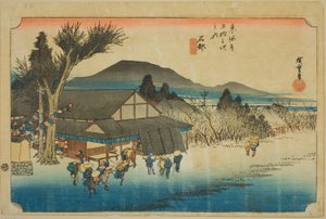 Ishibe: Megawa-Dorf (Ishibe, Megawa no sato), aus der Serie "Dreiundfünfzig Stationen des Tokaido (Tokaido gojusan tsugi no uchi)", auch bekannt als der Hoeido Tokaido