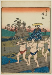 Kanaya, aus der Serie "Dreiundfünfzig Stationen [des Tokaido] (Gojusan tsugi)," auch bekannt als die Figuren-Tokaido (Jinbutsu Tokaido)