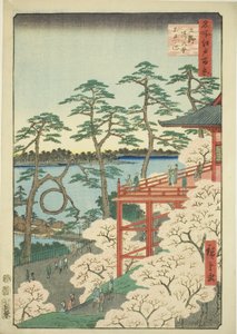 Kiyomizu-Halle und Shinobazu-Teich in Ueno (Ueno Kiyomizudo Shinobazu no ike), aus der Serie "Hundert berühmte Ansichten von Edo (Meisho Edo hyakkei)" von Utagawa Hiroshige