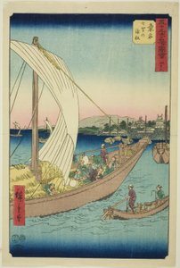 Kuwana: Fähren bei Shichiri (Kuwana, Shichiri no watashibune), Nr. 43 aus der Serie "Berühmte Ansichten der dreiundfünfzig Stationen (Gojusan tsugi meisho zue)," auch bekannt als der Vertikale Tokaido von Utagawa Hiroshige