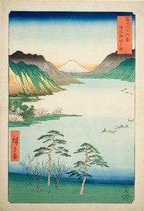 Der Suwa-See in der Provinz Shinano (Shinshu Suwa no mizuumi), aus der Serie "Sechsunddreißig Ansichten des Berges Fuji (Fuji sanjurokkei)"