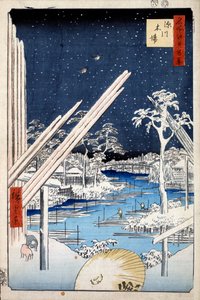 Holzlager in Fukagawa Hundert berühmte Ansichten von Edo, 1856-1858 von Utagawa Hiroshige