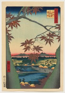 Ahornbäume bei Mama, der Tekona-Schrein und die verbundene Brücke von Utagawa Hiroshige
