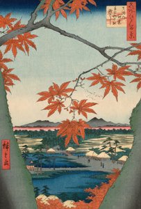 Ahornbäume bei Mama, Tekona-Schrein und Tsugi-Brücke, aus der Serie "Hundert berühmte Ansichten von Edo" von Utagawa Hiroshige