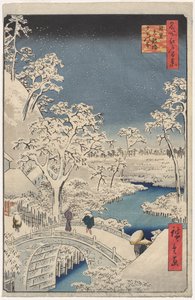 Bild der Dämmerung an der Trommelbrücke in Meguro, aus der Serie 100 Ansichten berühmter Orte in Edo von Utagawa Hiroshige