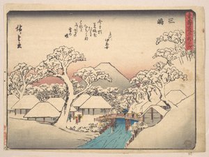 Mishima, aus der Serie Dreiundfünfzig Stationen der Tōkaidō-Straße (Tōkaidō gojūsan tsugi, Mishima), auch bekannt als die Kyōka (Witziger Vers) Tōkaidō von Utagawa Hiroshige