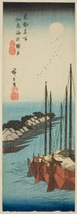 Nebliges Mondlicht am Ufer der Insel Tsukuda (Tsukudajima kaihen oborozuki), aus der Serie "Berühmte Orte in der östlichen Hauptstadt (Toto meisho)"
