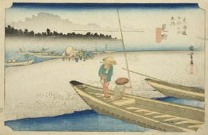 Mitsuke: Blick auf den Tenryu-Fluss (Mitsuke, Tenryugawa zu), aus der Serie "Dreiundfünfzig Stationen des Tokaido (Tokaido gojusan tsugi no uchi)," auch bekannt als Hoeido Tokaido