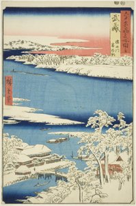 Provinz Musashi: Morgen nach Schnee am Sumida-Fluss (Musashi, Sumidagawa yuki no ashita), aus der Serie "Berühmte Orte in den sechzig Provinzen (Rokujuyoshu meisho zue)" von Utagawa Hiroshige