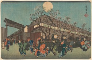 Nachtprozession unter Kirschblüten entlang des Nakanoch? in Shin Yoshiwara von Utagawa Hiroshige