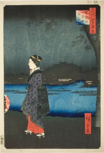 Nachtansicht des Matsuchi-Hügels und des San’ya-Kanals (Matsuchiyama San’yabori yakei), aus der Serie "Hundert berühmte Ansichten von Edo (Meisho Edo hyakkei)" von Utagawa Hiroshige