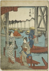 Nihon-Brücke (Nihonbashi), aus der Serie "Dreiundfünfzig Stationen [des Tokaido] (Gojusan tsugi)," auch bekannt als die Figuren-Tokaido (Jinbutsu Tokaido)