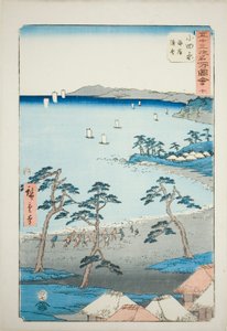 Odawara: Fischerhäuser am Strand (Odawara, kaigan gyosha), Nr. 10 aus der Serie "Berühmte Ansichten der dreiundfünfzig Stationen (Gojusan tsugi meisho zue)", auch bekannt als der Vertikale Tokaido von Utagawa Hiroshige