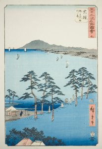Oiso: Saigyos Hütte am Shigitatsu-Sumpf (Oiso, Shigitatsusawa Saigyoan), Nr. 9 aus der Serie "Berühmte Ansichten der dreiundfünfzig Stationen (Gojusan tsugi meisho zue)", auch bekannt als der Vertikale Tokaido