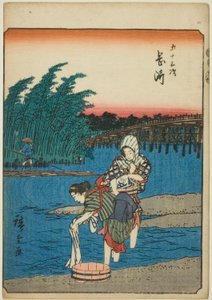 Okazaki, aus der Serie "Dreiundfünfzig Stationen [des Tokaido] (Gojusan tsugi)," auch bekannt als der Figuren-Tokaido (Jinbutsu Tokaido)