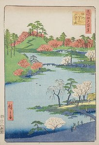Eröffnung des Gartens am Fukagawa Hachiman-Schrein (Fukagawa Hachiman yamabiraki), Nr. 68 aus der Serie „Hundert berühmte Ansichten von Edo (Meisho Edo hyakkei)“